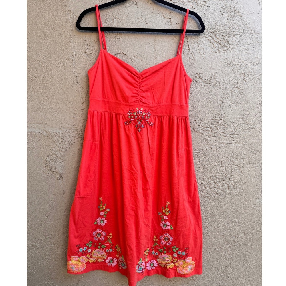Johnny Was Coral Red Emroidered Floral Empire Sleeveless Dress MEDIUM Resort